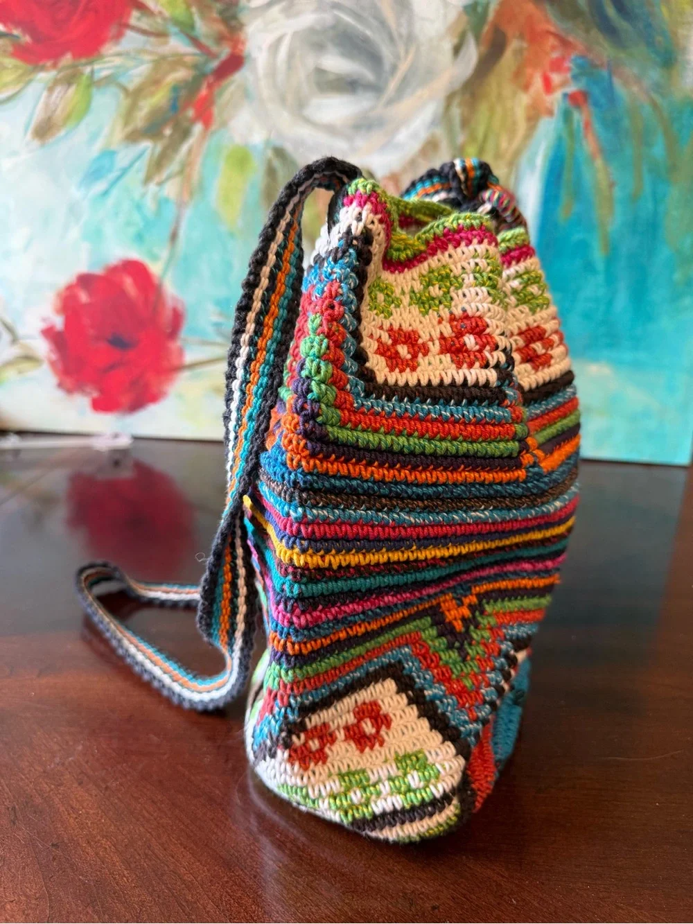 Crochet Bucket Bag Multicolor Geo Pattern Boho Festival Hippie Beaded Purse